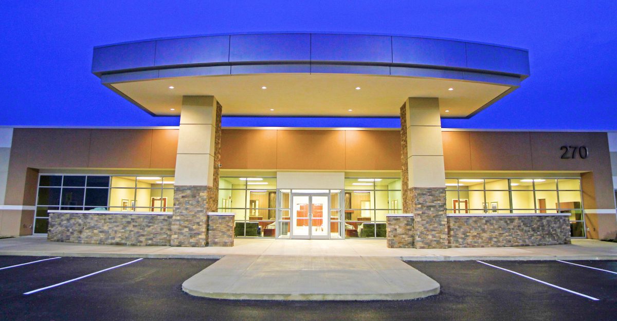 Entrance to Cumberland Hall Hospital at night